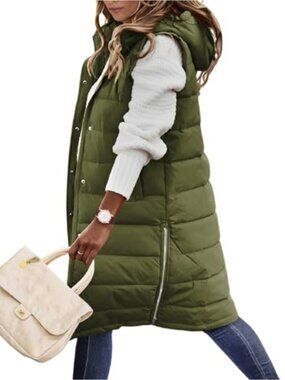Women Long Puffer Vest Hooded Zip Up Sleeveless Winter Warm Thick Coat